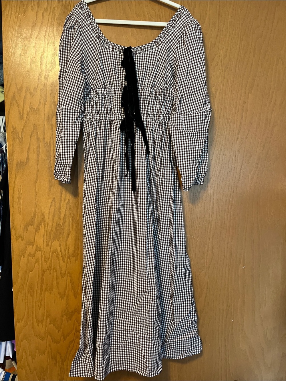 Brown& White Gingham Dress with black velvet  Ties